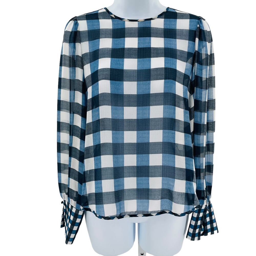 Scotch & Soda Aloha Hula Navy Blue White Sheer Checked Long Blouson Sleeve Top S - Picture 4 of 12